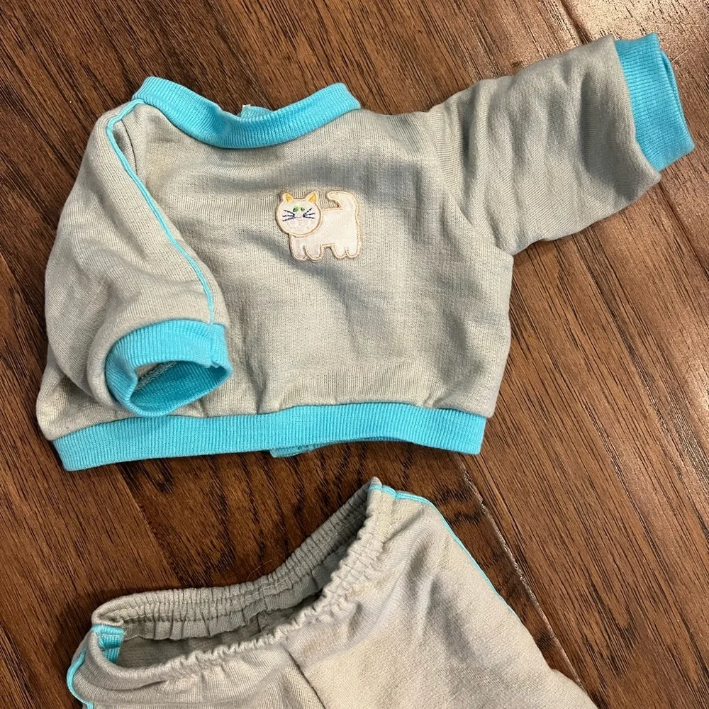 Vintage Cabbage Patch Gray and Blue Baby Doll Outfit Jogger with Cat Embroidery